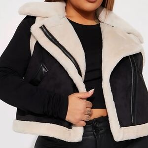 Black and Cream Faux Fur Vest